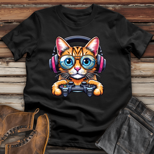 Cool Cat Holding Gaming Controller Cotton Tee