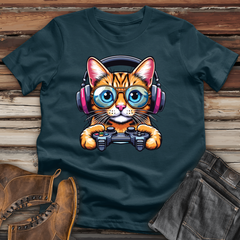 Cool Cat Holding Gaming Controller Cotton Tee