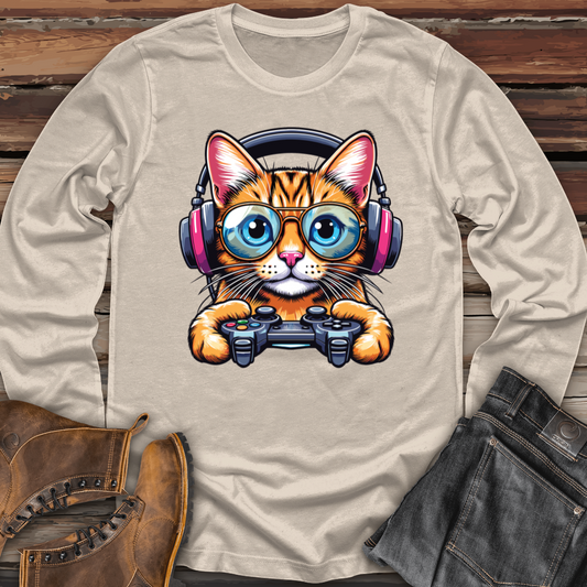 Cool Cat Holding Gaming Controller Long Sleeve