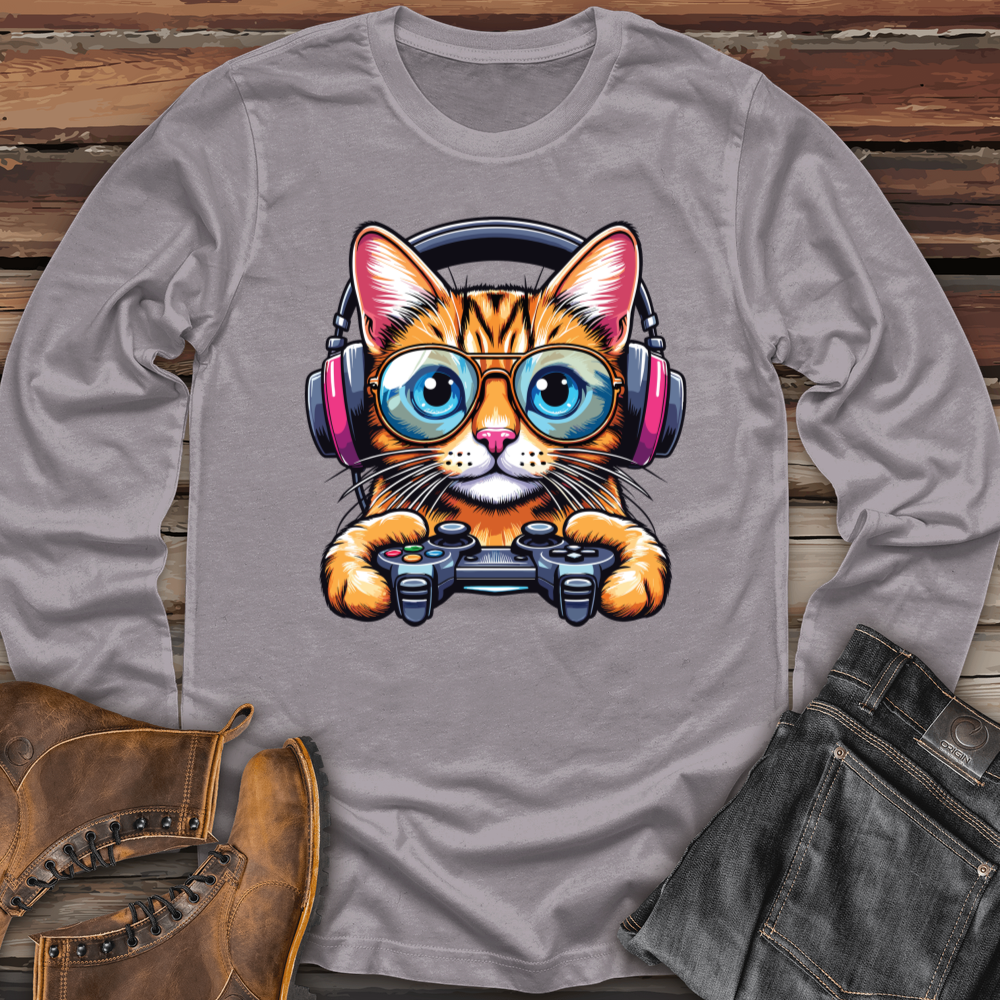 Cool Cat Holding Gaming Controller Long Sleeve