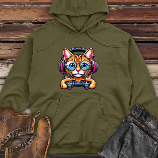 Cool Cat Holding Gaming Controller Midweight Hooded Sweatshirt