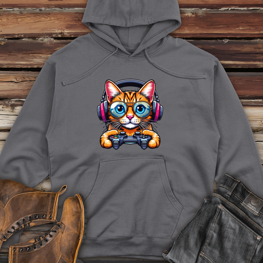 Cool Cat Holding Gaming Controller Midweight Hooded Sweatshirt